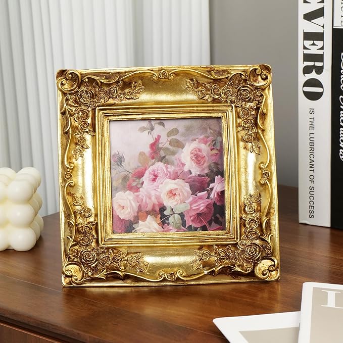 Cuspin Gold Picture Frame 4x4 Frames, Ornate Square Resin Photo Frame - Image 2