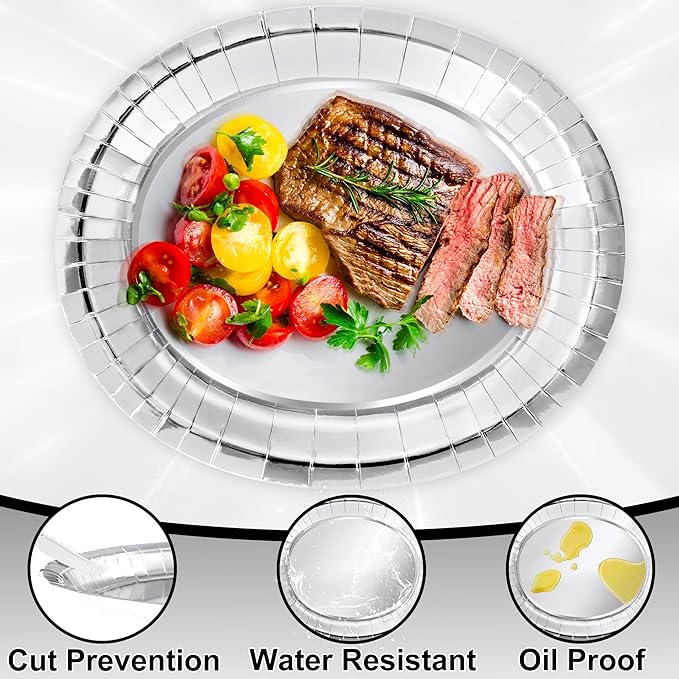 50 Pcs Oval Large Paper Plates, 12.2'' X 10.2'' Silver Foil Paper Plates - Image 3