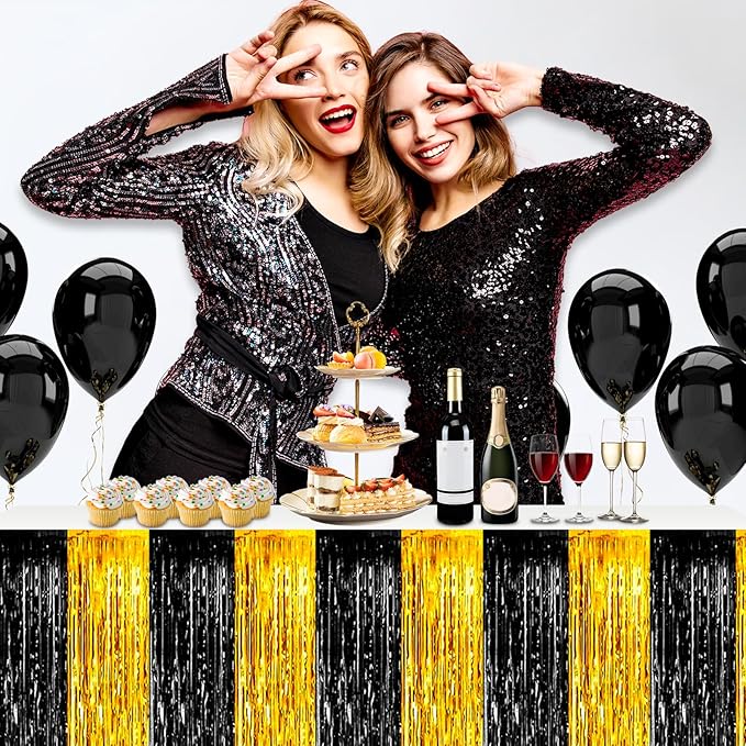 3 Pack 29x108 Inch Black Gold Foil Fringe Table Skirts Metallic Banner - Image 5
