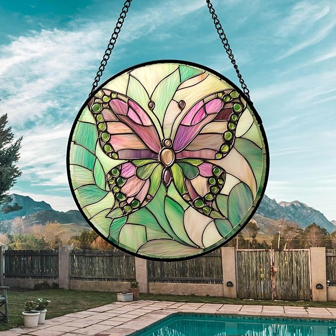 Stained Glass Window Hanging 4 Pcs Set Pink Green Insect Theme Large 11.8" - Image 3