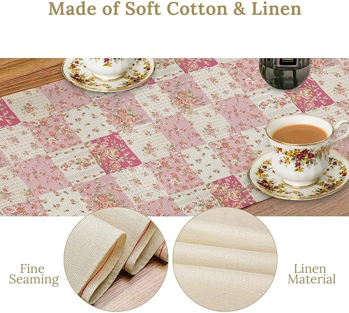 Patchwork Table Runner, Boho Vintage Pink Wildflowers Bohemian Paisley Flower - Image 5