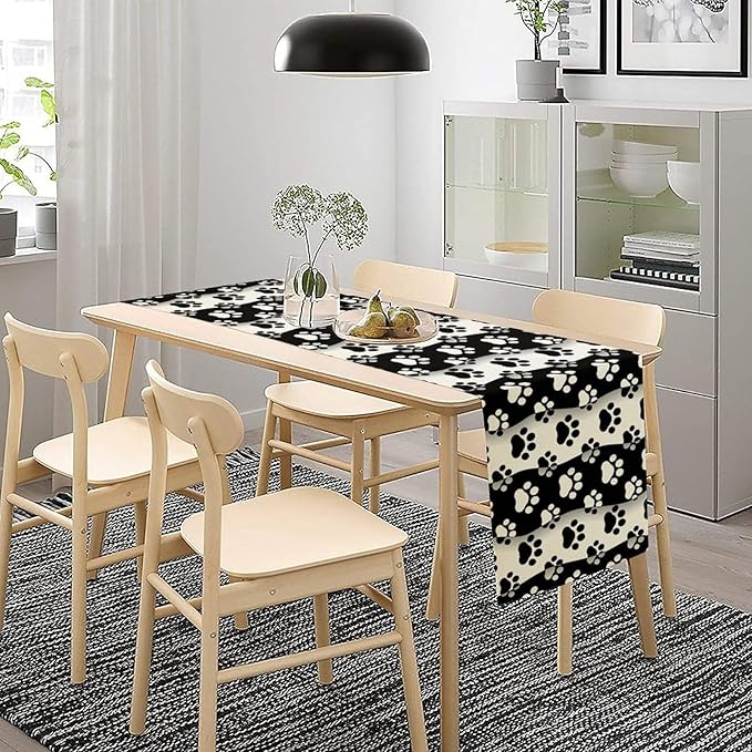 Dog Paw Table Runner, Kid Cute Animal Footprint Black White Theme Design Print - Image 6
