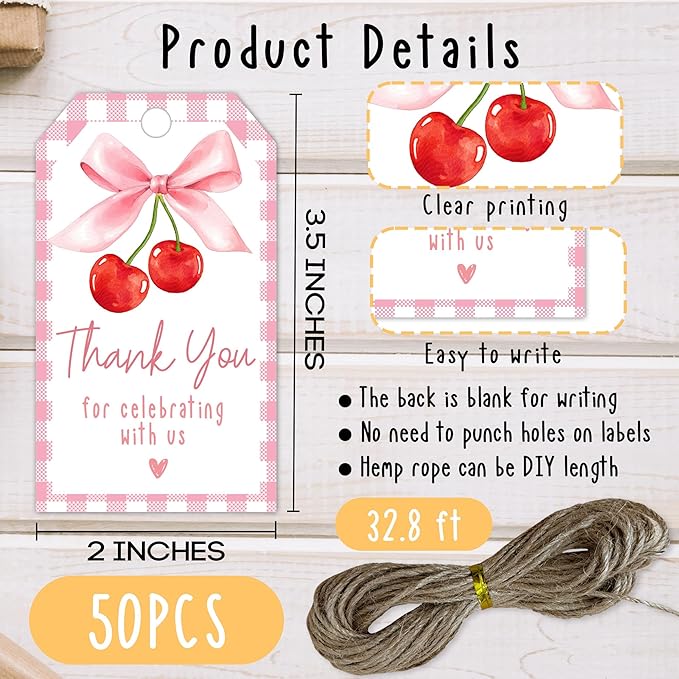 Cherry Gift Tags, 2x3.5 Inch Pink Bow Gift Tags, Paper Personalized Design - Image 2