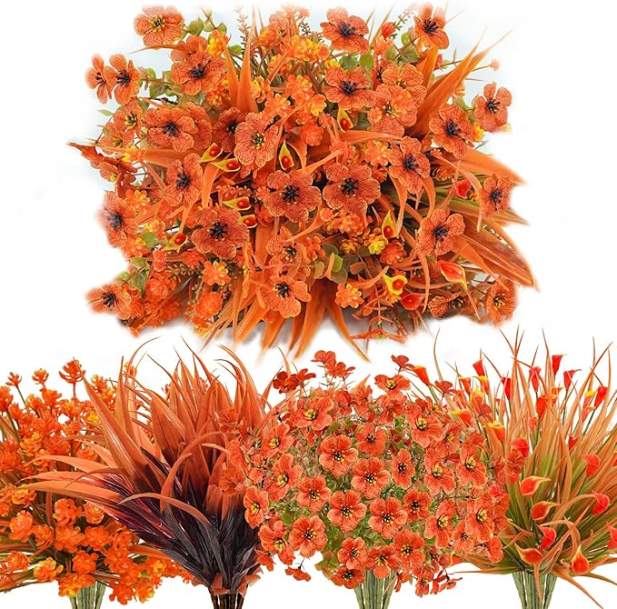 16 Pcs Fake Fall Flowers Decor Faux Fall Plants UV Resistant Artificial Fall by Tepaler