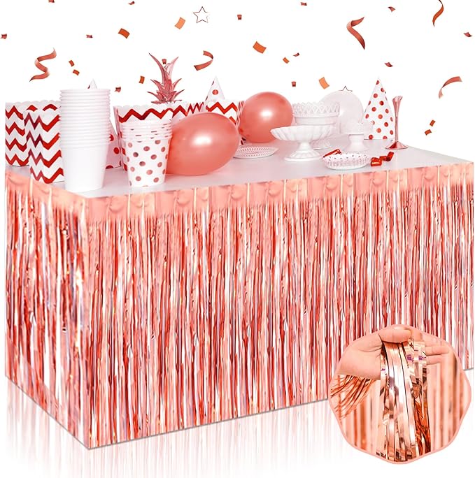 3 Pack 29 x108 Inch Rose Gold Foil Fringe Table Skirts Metallic Banner by Mebiornt