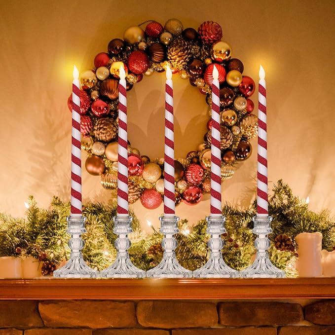 Baquler 6 Pcs Christmas Flameless Taper Candles 10.6 Inch Glitter Candy Cane - Image 7
