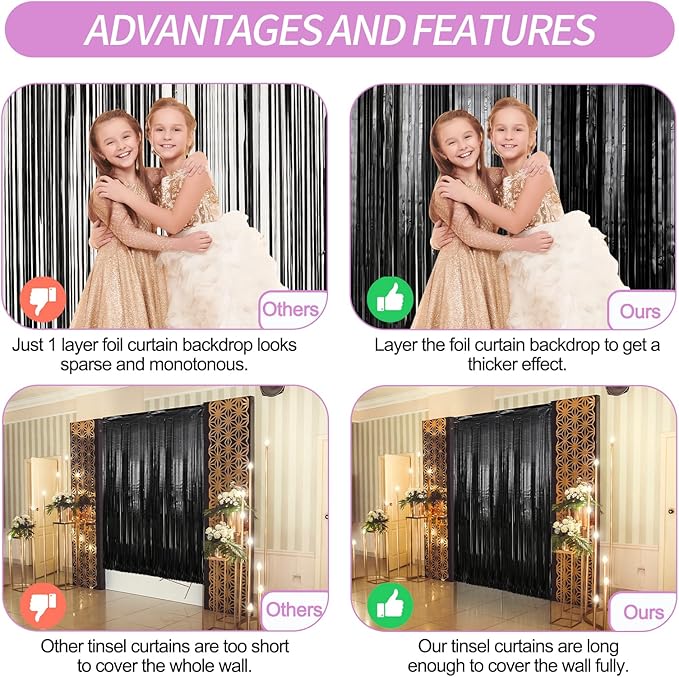 Crosize 2 Pack 3.3 x 9.9 ft Black Foil Fringe Backdrop Curtain, Streamer - Image 3