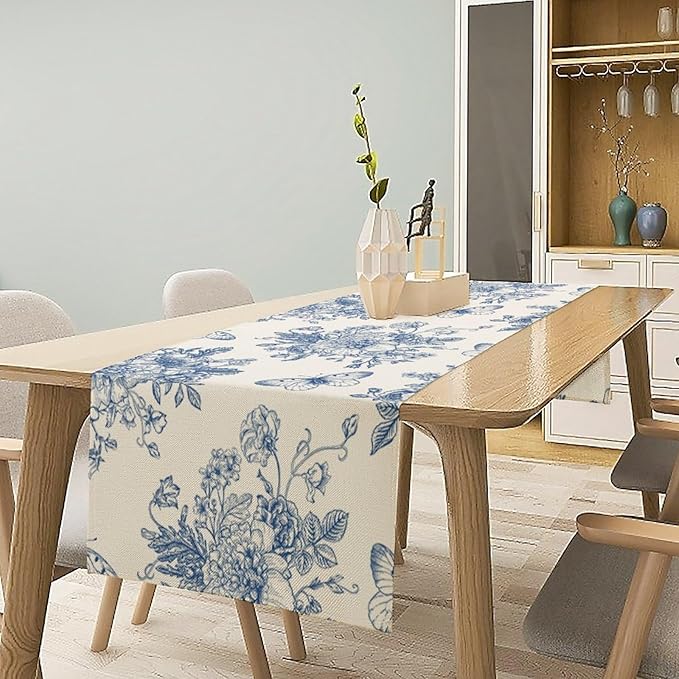 Monochrome Sketch Flowers Table Runner, Seasonal Spring Fall Plants Blue - Image 2