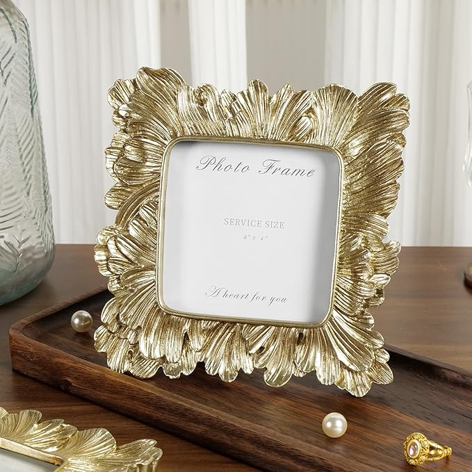 Cuspin Gold Picture Frames 4x4, Vintage Gold Resin Photo Frame Palm Leaves - Image 2
