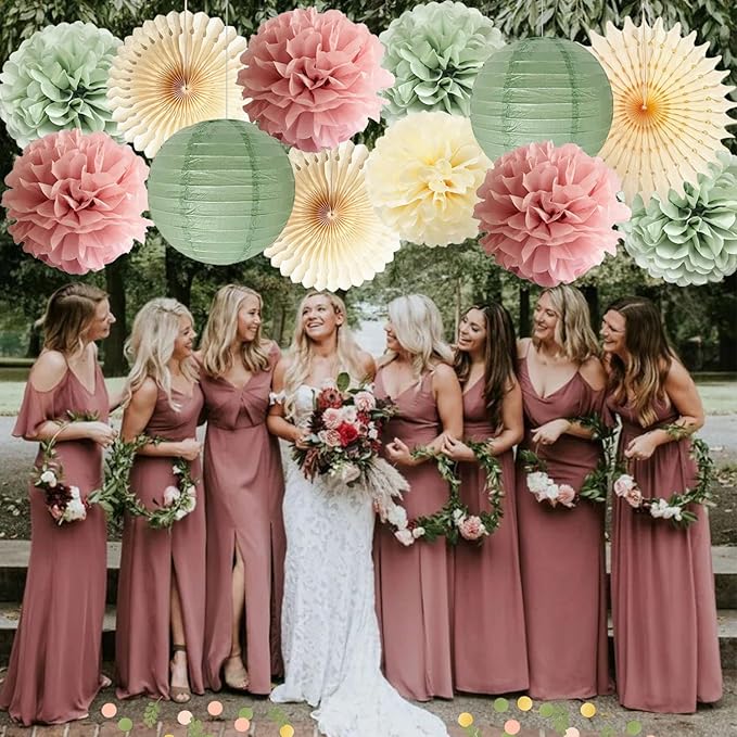 Dusty Pink and Sage Green Party Decorations Dusty Rose Sage Green Tissue Pom - Image 4