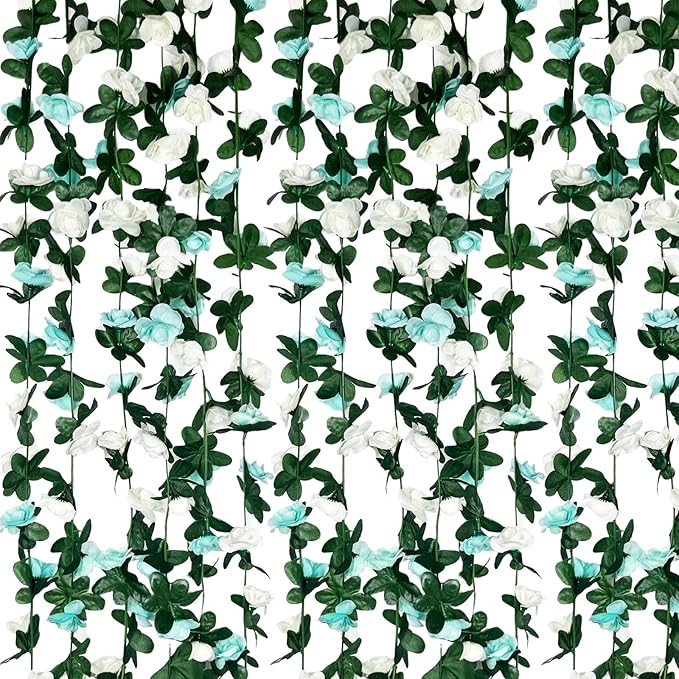 16Pcs 126Ft Teal&White Rose Garland, Fake Rose Hanging Flowers, Artificial by Tisspoms