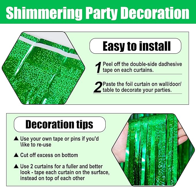 6 Pack Green Foil Fringe Curtain Backdrop, 3.28Ft x 8.2Ft Metallic Tinsel Foil - Image 3