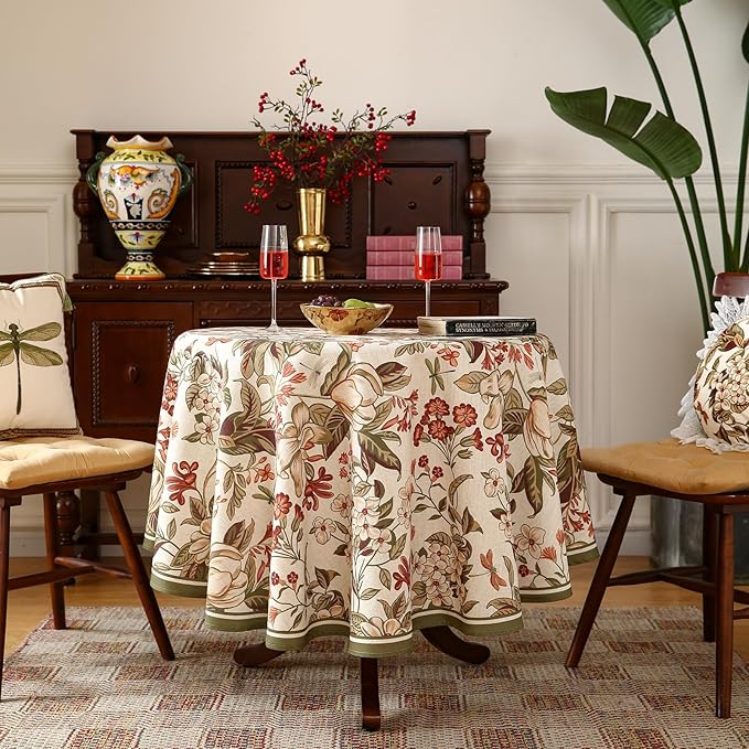 ISAENNE Designer Bohemian Linen Small Round Table Cloth, Colorful Floral - Image 2