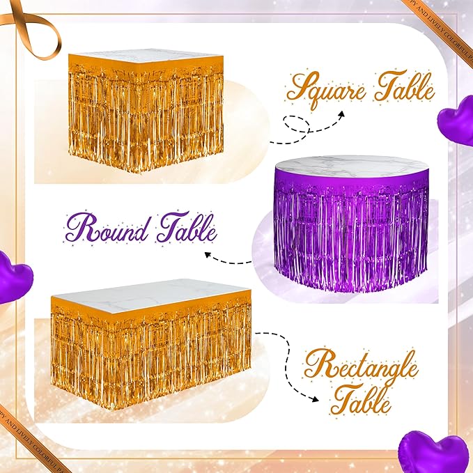2 Pack Dark Purple Orange Table Skirts, 29x108" Metallic Foil Tinsel Fringe - Image 4