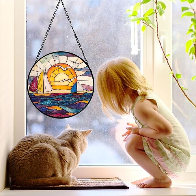 Stained Glass Window Hanging, Sailboat and Waves Suncatcher Diamond Glass Panel - Image 2