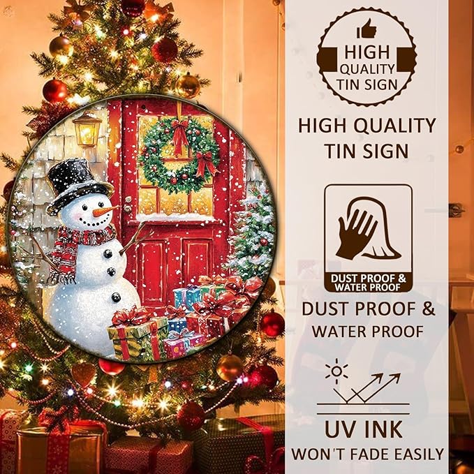 Round Wall Decor Christmas Metal Tin Sign Snowman Sign Rustic Wall Decor Wall - Image 4