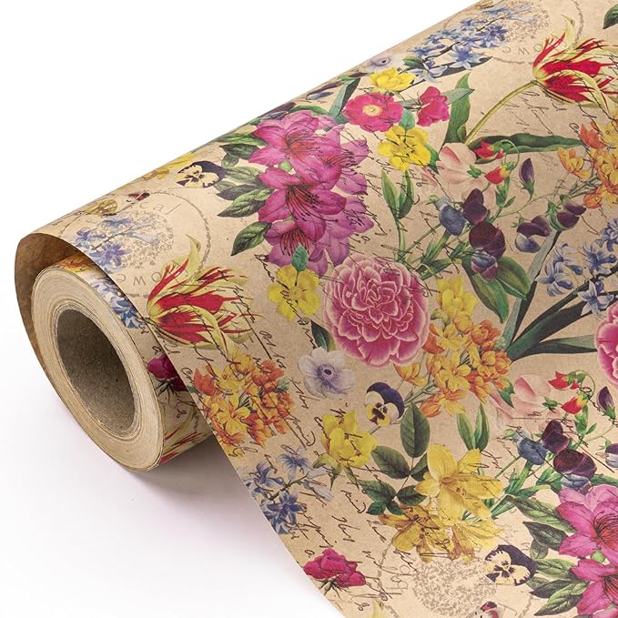 WRAPAHOLIC Kraft Floral Wrapping Paper Roll by WRAPAHOLIC
