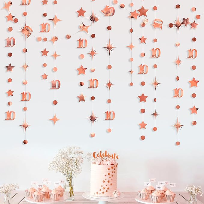 Rose Gold 10th Birthday Decorations Number 10 Circle Dot Twinkle Star Garland - Image 5