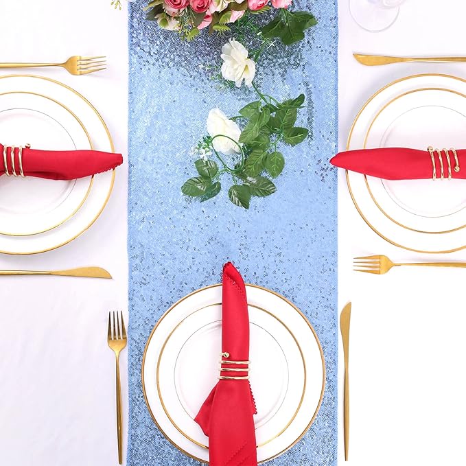 Sequin Table Runners 5 Pieces Baby Blue Table Runners 12x72 Inch Glitter Table - Image 7