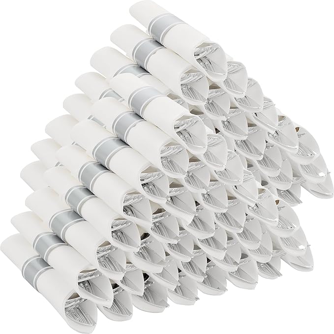 100 Pack Pre Rolled Silver Plastic Silverware Set by ISFANGCO