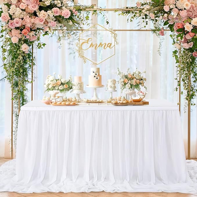 White Table Skirt for Rectangle Tables 14FT Chiffon Sheer Tablecloth for by QueenDream