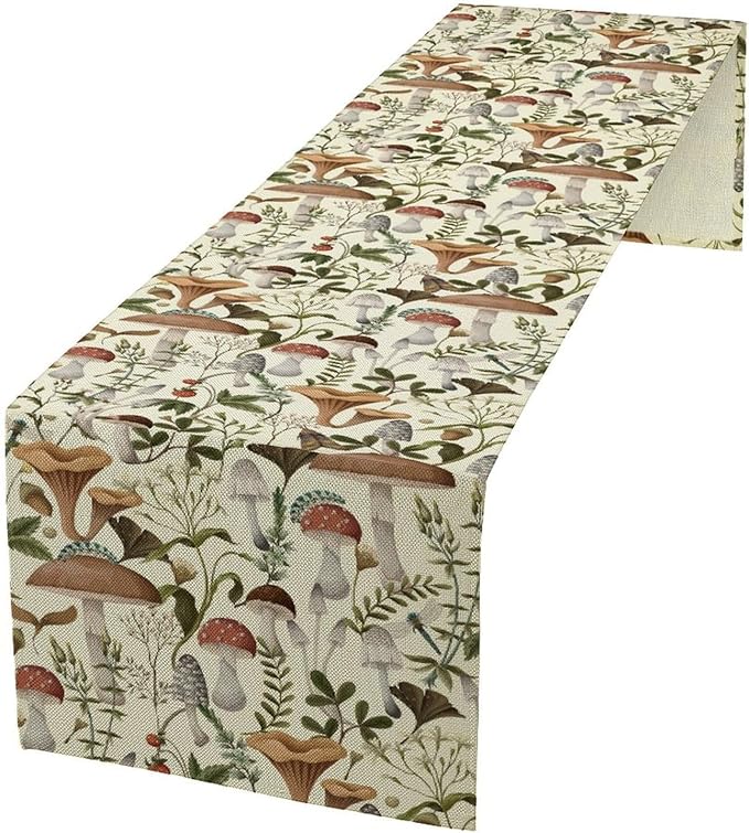 Mushroom Table Runner, Vintage Forest Flower Plant Print Table Runner by Unknown