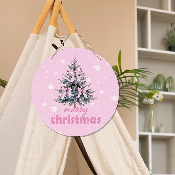 CGBHW Pink Christmas Wooden Sign, Coquette Aesthetic Christmas Tree Xmas Bows - Image 5
