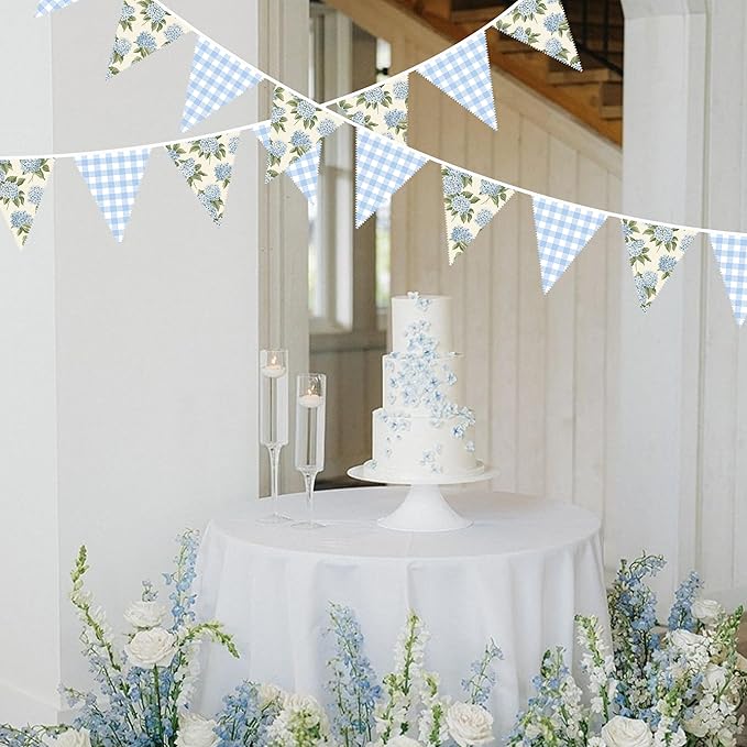 32Ft Blue Flora Party Decorations Blue Gingham HydrangeaTriangle Flag Fabric - Image 4