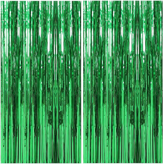 2 Pack Foil Curtain Backdrop Green Metallic Tinsel Foil Fringe Curtains Photo by KEJ