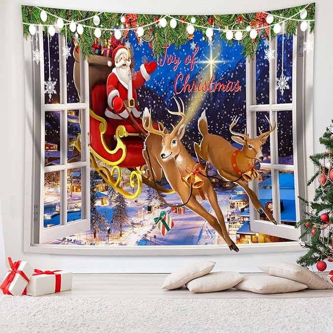 QGHOT Christmas Window Tapestry Wall Hanging Christmas Backdrop Xmas Winter by QGHOT
