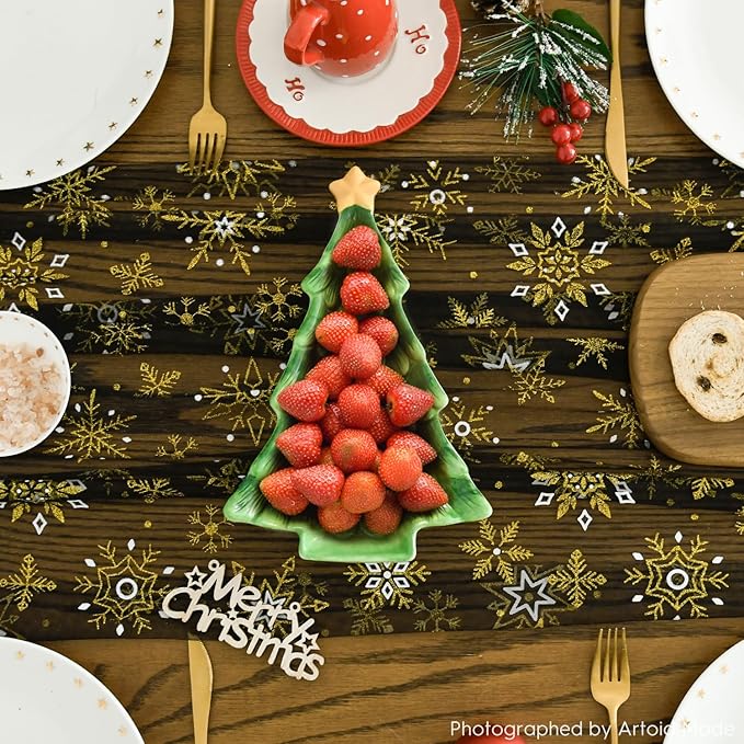 Artoid Mode Black Gold Snowflakes Christmas Gauze Table Runner 120 Inch 10FT - Image 2