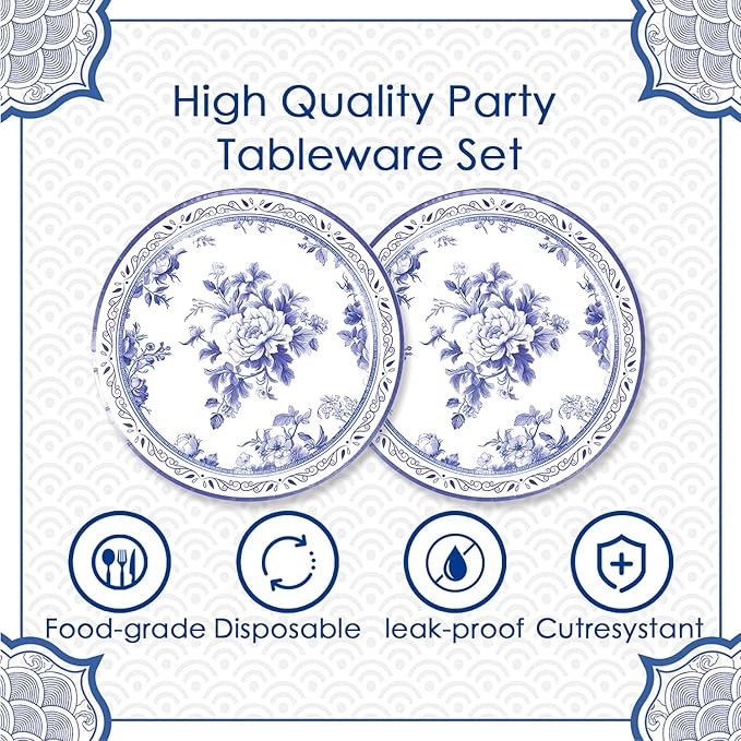 40pcs Blue and White Flower Party Decorations Disposable Blue Floral Plates and - Image 3