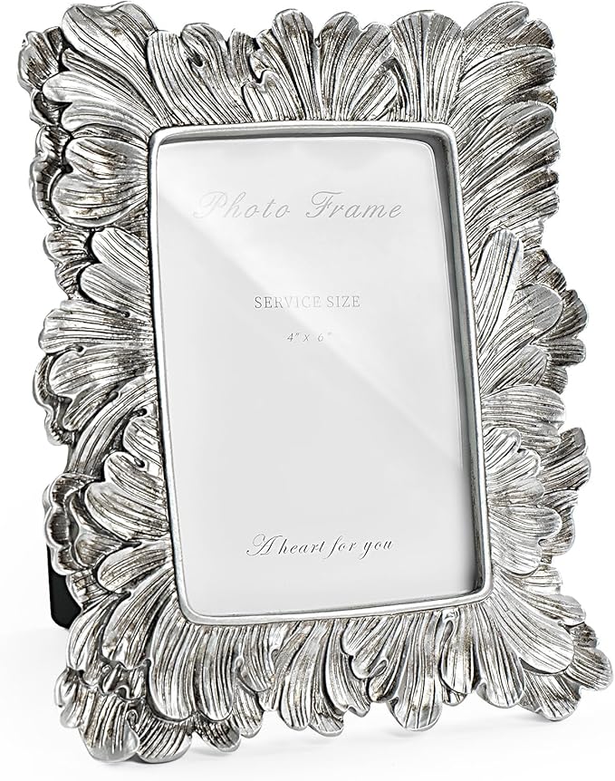 4x6 Silver Picture Frame, Vintage Silver Palm Leaves Textured Hand-Crafted by Cuspin
