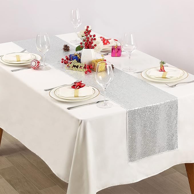 Silver Sequin Table Runners 10 Packs 12x108 Inches Holiday Celebration Sparkly - Image 2