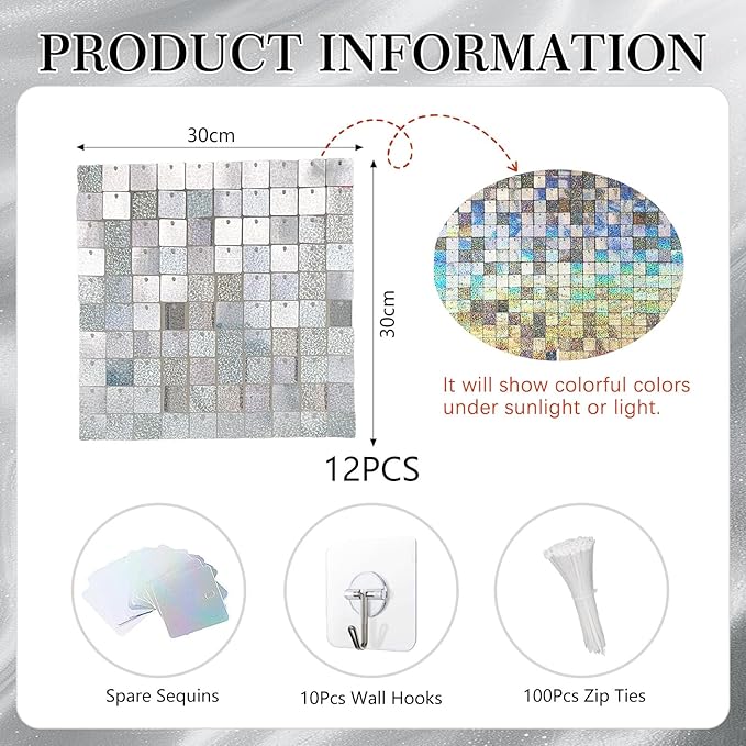 24PCS Silver Shimmer Wall Backdrop, Laser Square Sequin Photo Backdrops Panel - Image 2