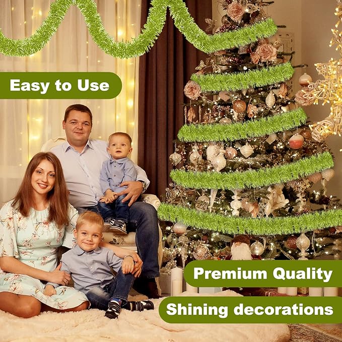 50 Feet Light Green Christmas Tinsel Garland, Metallic Foil Twist Banner Wall - Image 4