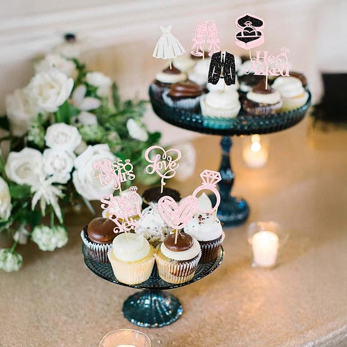 Gyufise 30Pcs She Said Yes Cupcake Toppers Glitter Diamond Ring I Do Love - Image 4