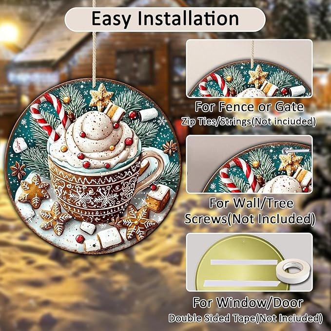 Round Christmas Signs Hot Cocoa Bar Metal Tin Sign Christmas Decor - Image 3