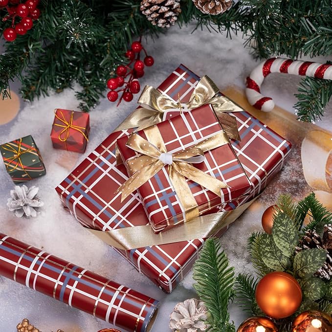 LeZakaa Christmas Red Wrapping Paper Roll, Buffalo Plaid Red - Image 3