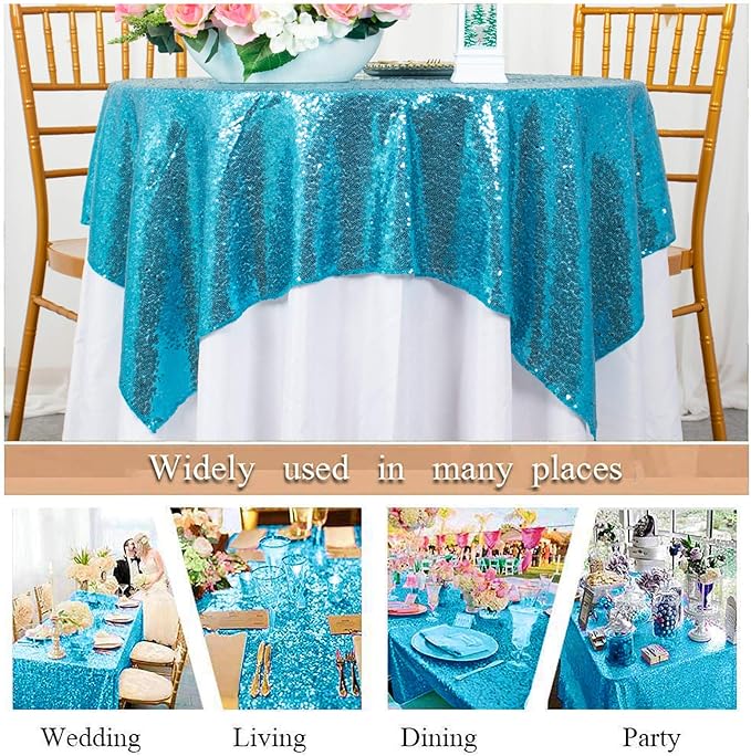 ShinyBeauty Turquoise Sequin Tablecloth, Elegant Table Overlay, All-Season - Image 5