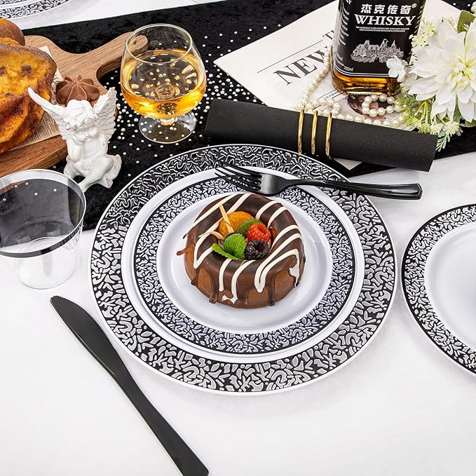WELLIFE 350Pcs Black Plastic Dinnerware and Napkins Party Supplies Include:50 - Image 4