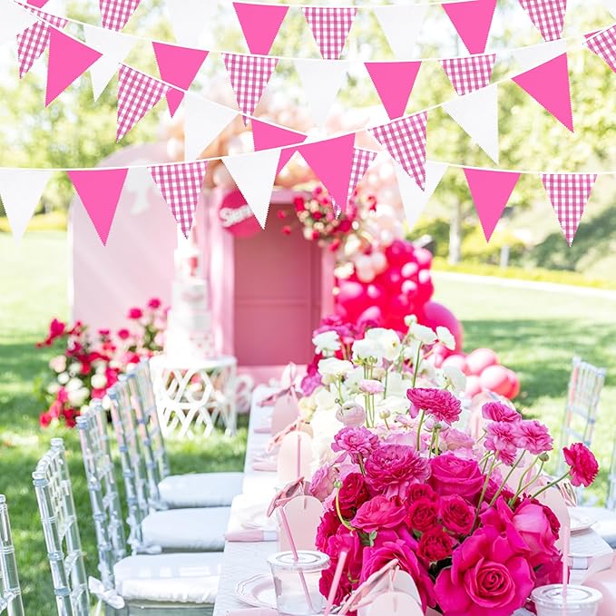 32Ft Hot Pink Party Decorations Pink Buffalo Plaid Checkered White Triangle - Image 5