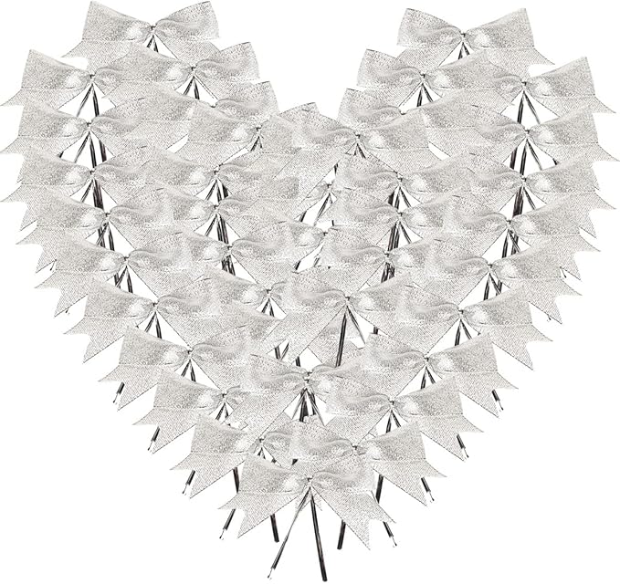 50pcs 3-1/2" Silver Twist Ties Metallic Silver Bows by Micomon