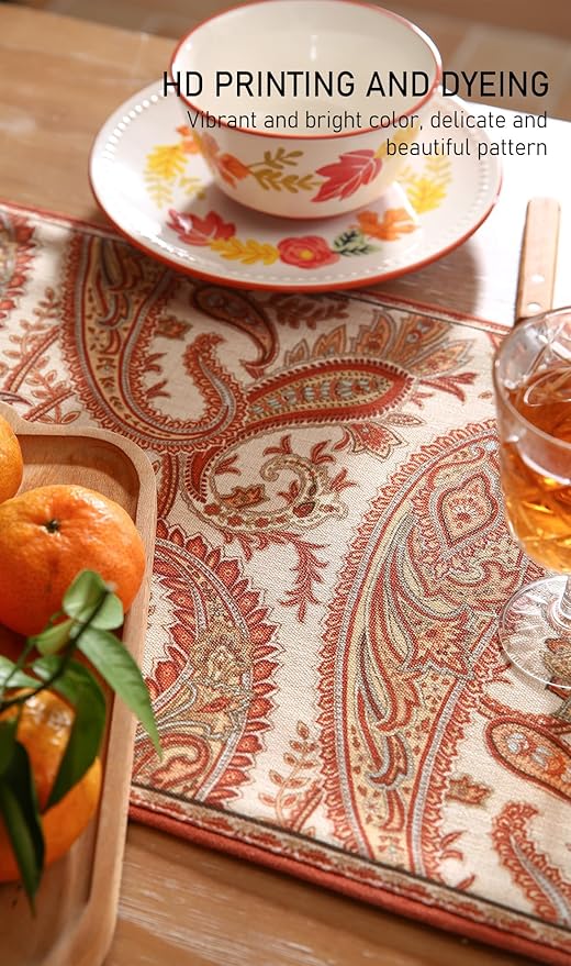 ISAENNE Designer Elegant Red Linen Table Runner 71 Inches Long, Vintage Paisley - Image 3
