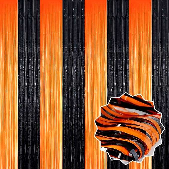 6 Pack Black Orange Foil Fringe Curtains Backdrop, 3.28 x 8.2 Ft Metallic by LANTIANCHEN