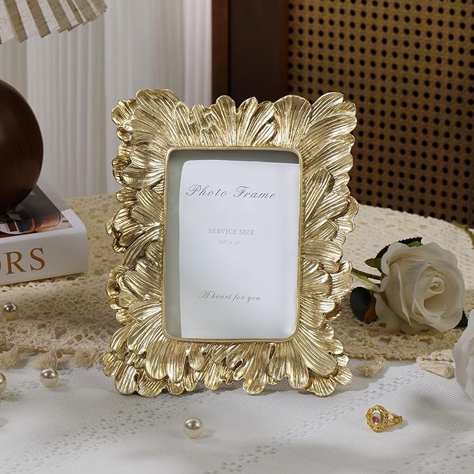Cuspin Small Gold Picture Frame 3x5 Frames, Vintage Gold Palm Leaves Textured - Image 4