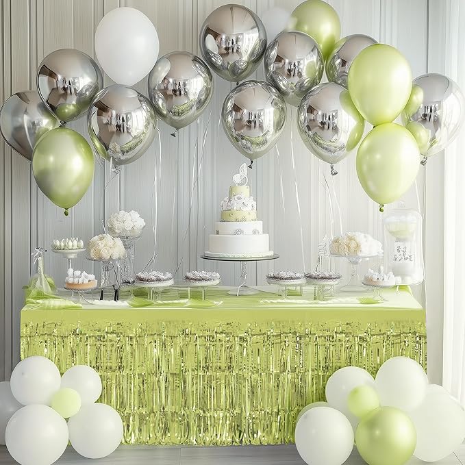 2 Pack Lime Green Table Skirts, 29x108" Metallic Foil Tinsel Fringe Table Skirt - Image 2
