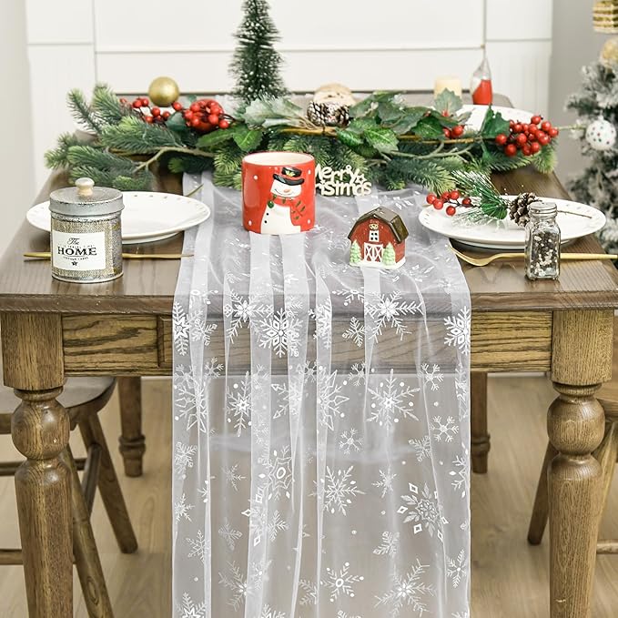 Artoid Mode Silver Snowflakes Christmas Gauze Table Runner 120 Inch 10FT - Image 3