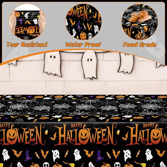 QZYL 12 Pack Halloween Plastic Tablecloth, Spider Webs Pumpkin Design - Image 3