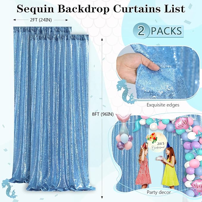 Baby Blue Sequin Backdrop 2 Panels 2FTx8FT Party Backdrop Curtains Glitter - Image 7